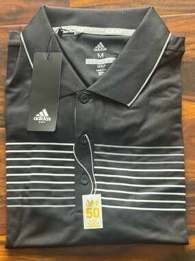 adidas Golf Black Polo UPF 50 with White gray Horizontal Stripes